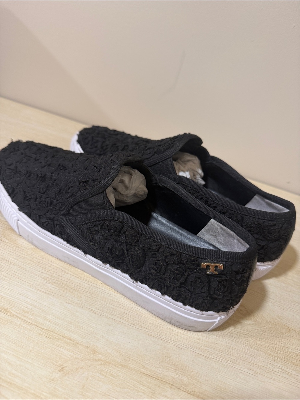 Tory Burch Black Floral Knit Slip-On Sneakers with White Sole